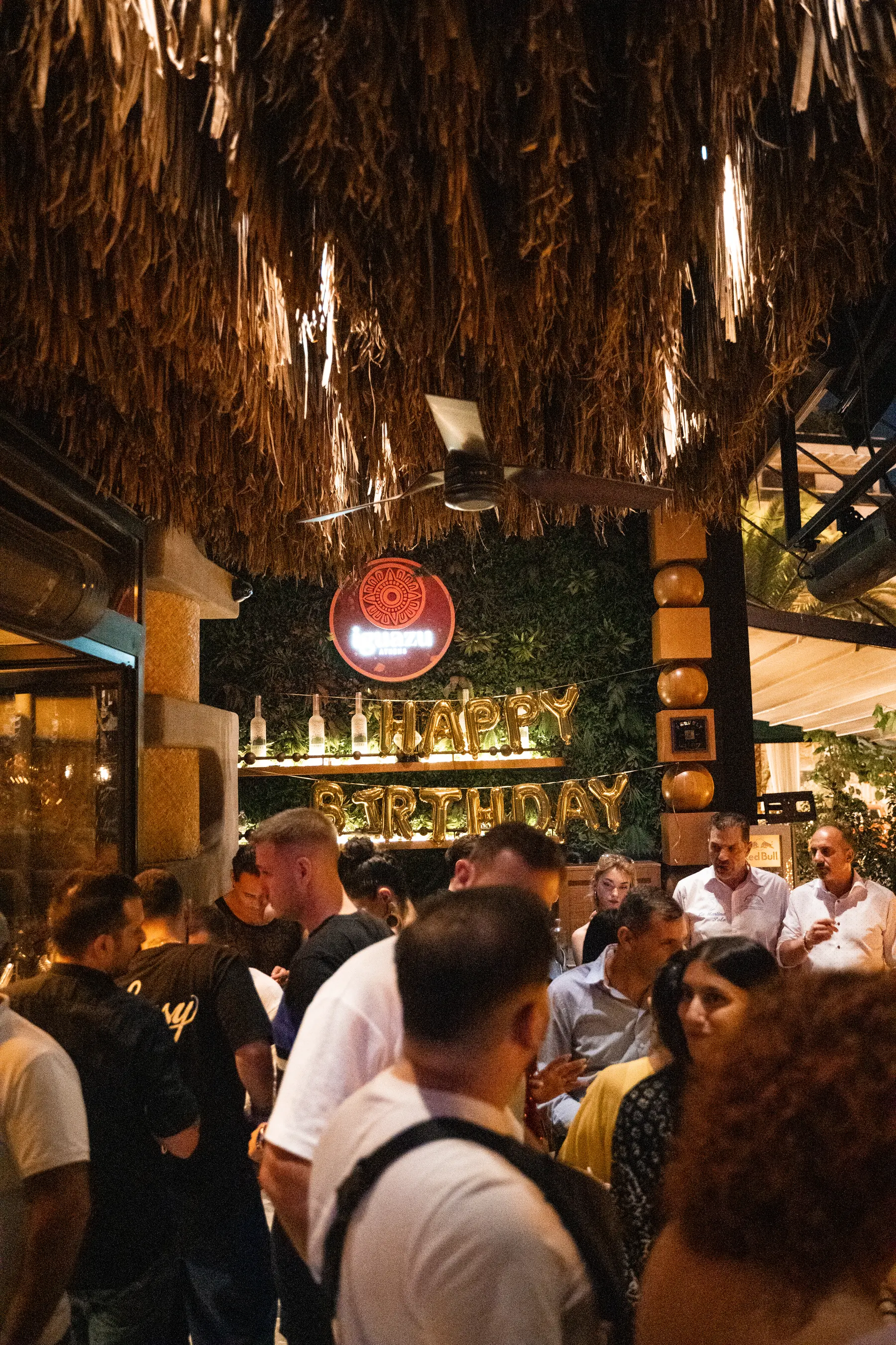 Gli invitati di un compleanno riempiono il bancone sotto le piante appese, da Iguazu Athens