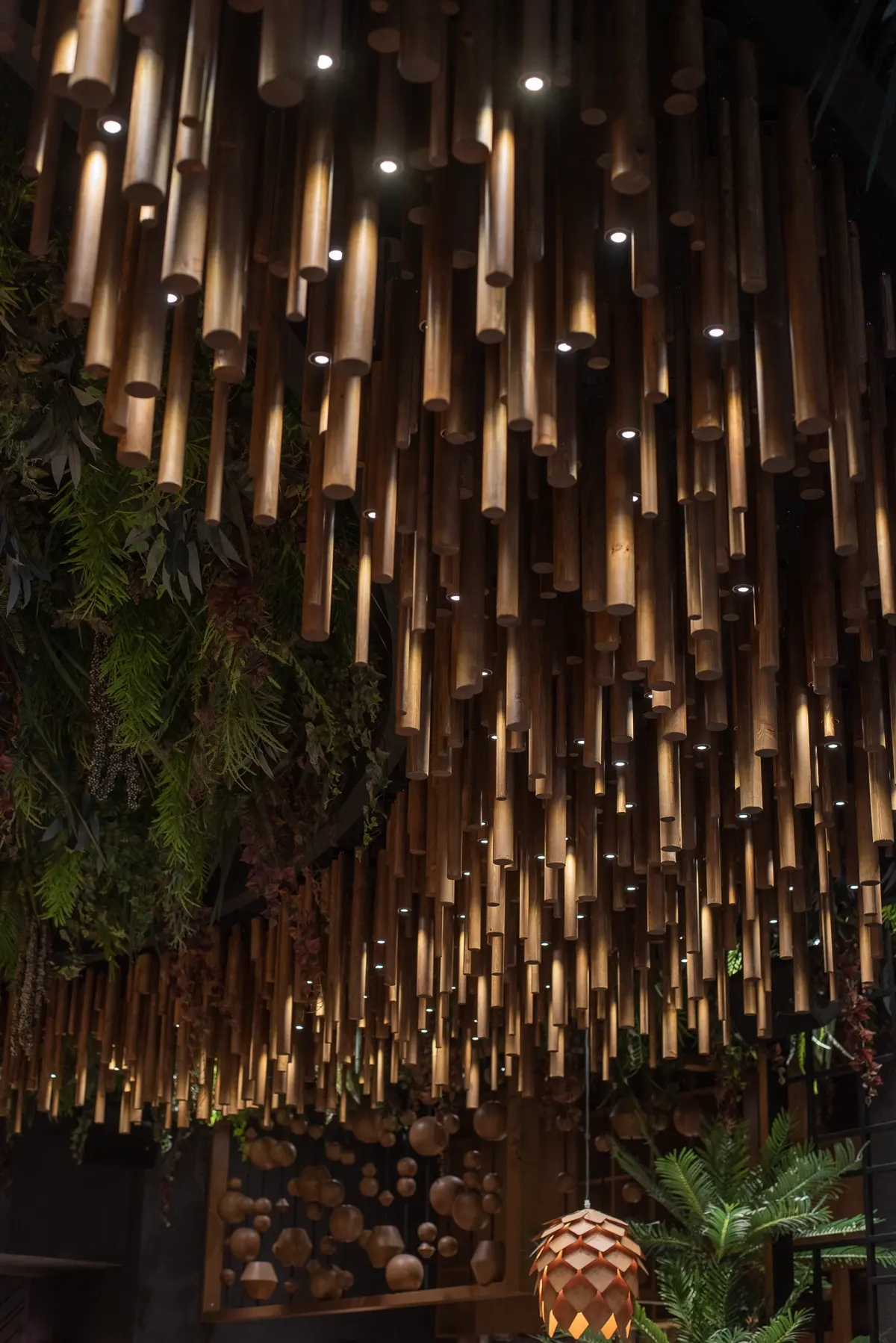 Il soffitto di Iguazu Athens, con il bambù appeso e le lucine