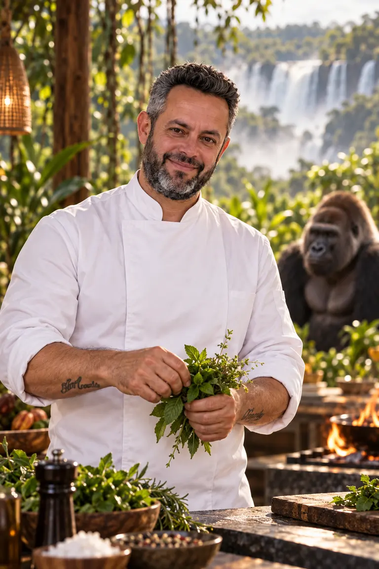 Lo chef Ioannis Parikos con una manciata di erbe fresche, le cascate alle spalle
