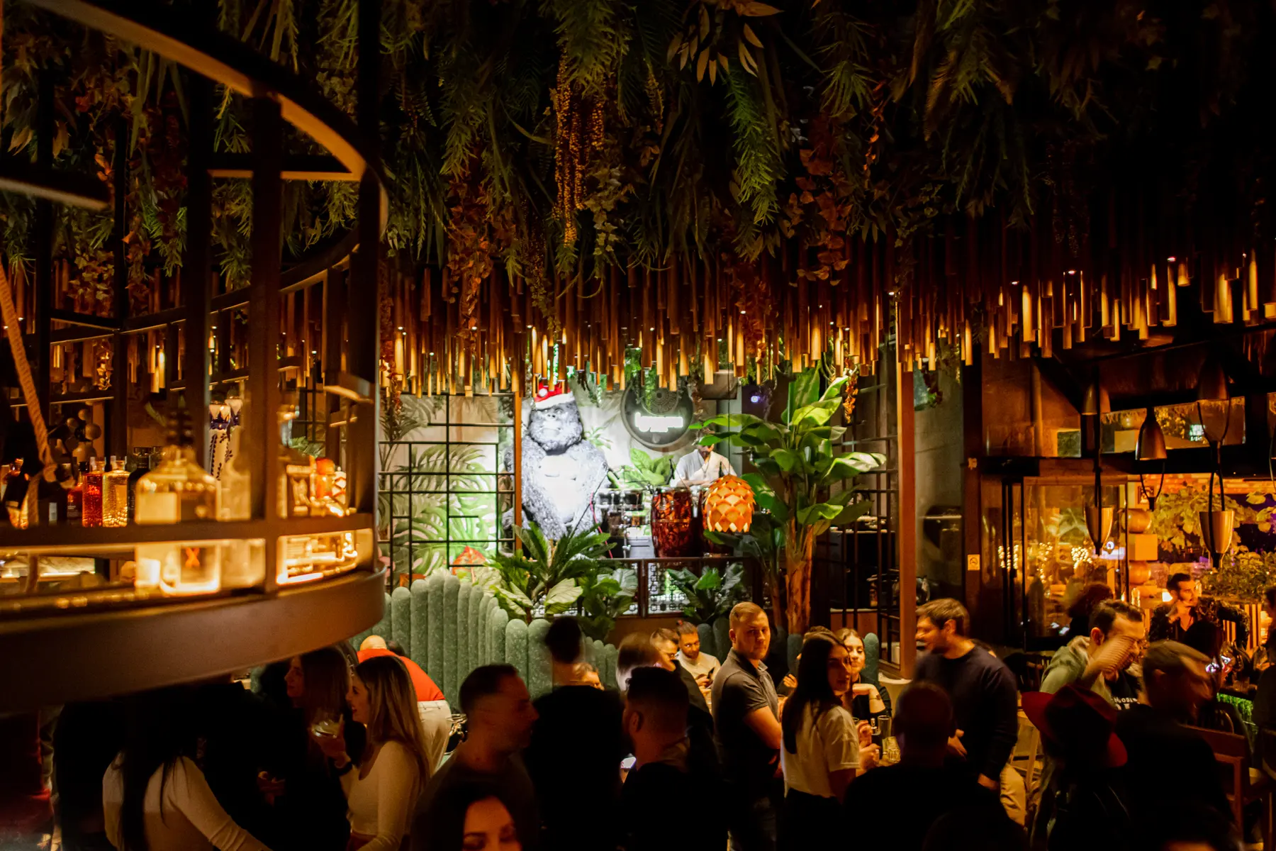 Sala piena in una serata di festa da Iguazu Athens, con gli ospiti sotto il bambù appeso e le piante