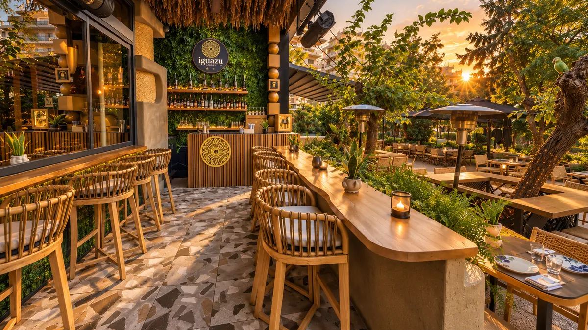 O bar ao ar livre do Iguazu Athens, prateleiras de garrafas sobre uma parede verde viva sob o emblema iguazu Athens, com banquetas de rattan ao longo do balcão
