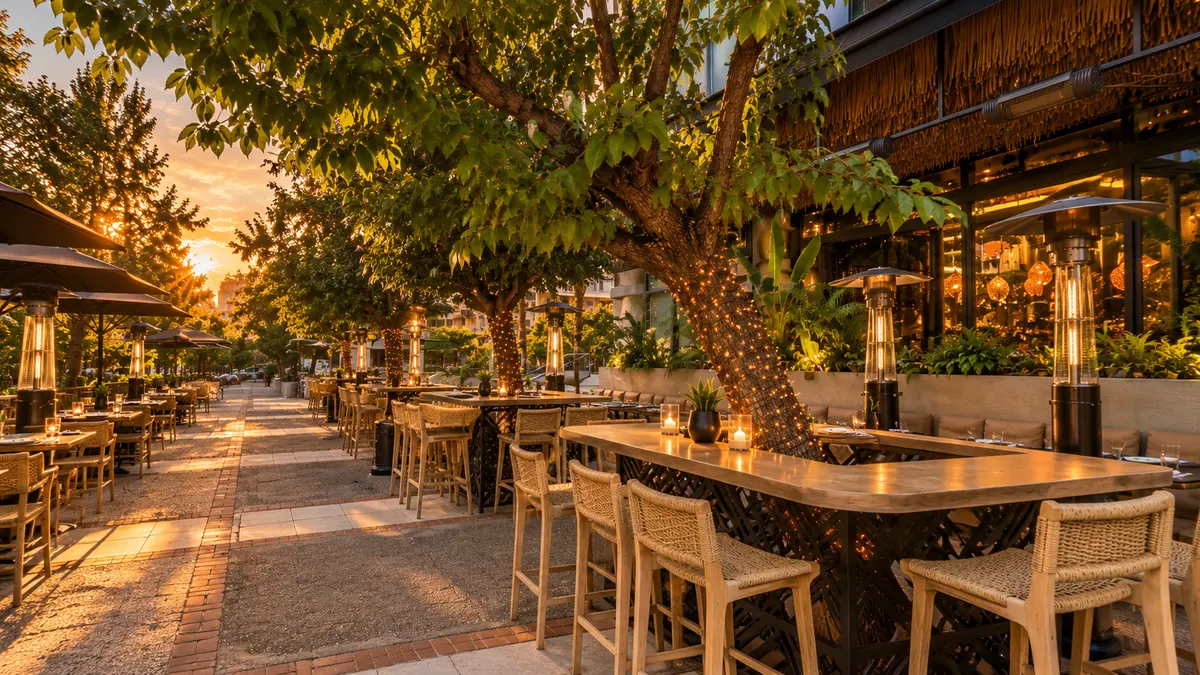 The tree-lined terrace at Iguazu Athens at sunset, long communal tables under a tree wrapped in lights, tall gas heaters and umbrellas down the pavement