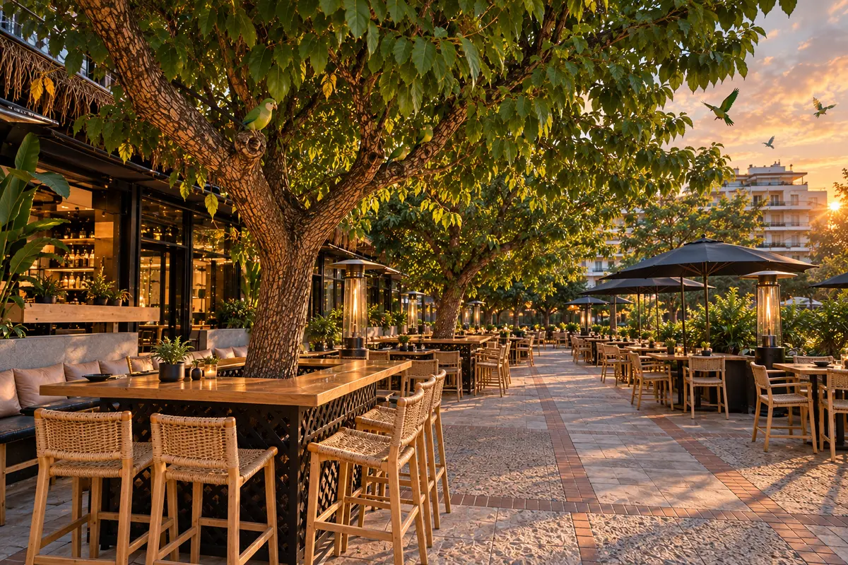 O terraço do Iguazu Athens sob as árvores ao pôr do sol, com periquitos nos galhos, guarda-sóis e mesas por toda a extensão da calçada
